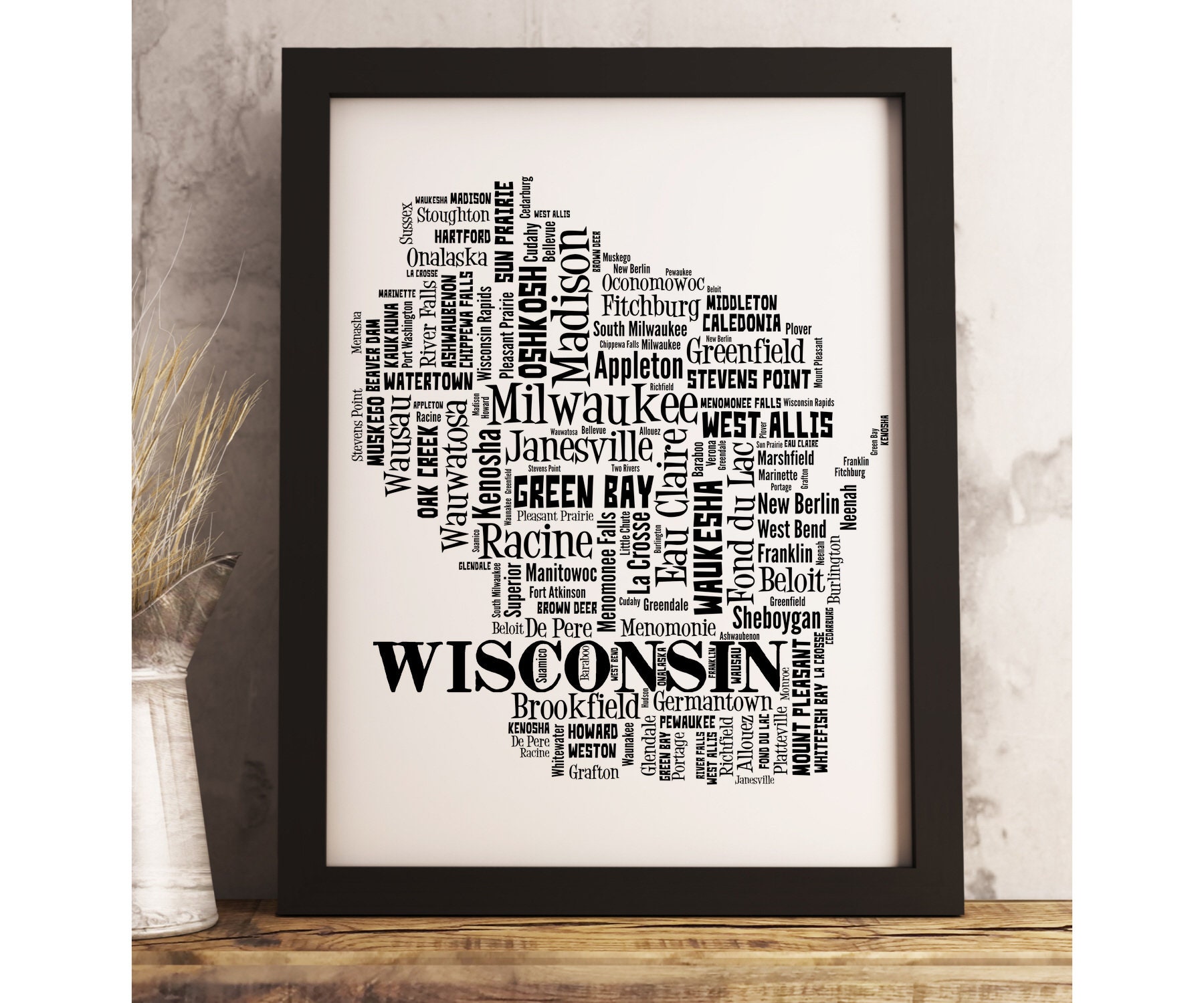 Wisconsin State Map Print FRAMED Wisconsin Map Art Wisconsin