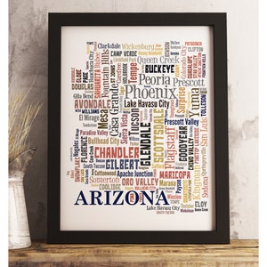 Arizona State Map Print FRAMED, Arizona Map Art, Arizona Art Print, Arizona word cloud art, available in several colors and sizes