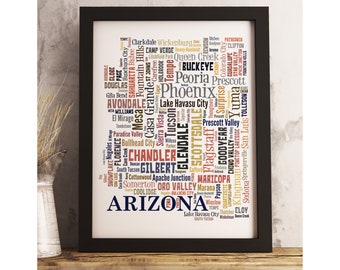 Arizona State Map Print FRAMED, Arizona Map Art, Arizona Art Print, Arizona word cloud art, available in several colors and sizes