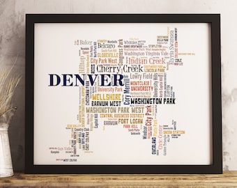 Denver neighborhood art print FRAMED, Denver map art, Denver art print, Denver word cloud art, available in several colors and sizes