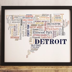 Detroit neighborhood art print FRAMED, Detroit map art, Detroit art print, Detroit word cloud art, available in several colors and sizes