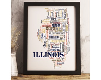 Illinois State Map Print FRAMED, Illinois Map Art, Illinois Art Print, Illinois word cloud art, available in several colors and sizes