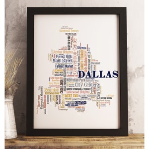Dallas neighborhood art print FRAMED, Dallas map art, Dallas art print, Dallas word cloud art, available in several colors and sizes