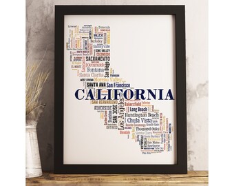 California State Map Print FRAMED, California Map Art, California Art Print, California word cloud, available in several colors and sizes