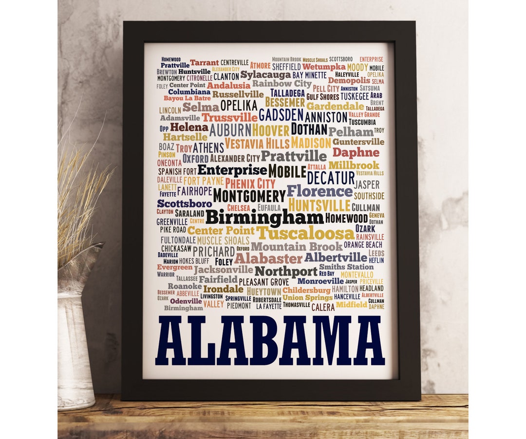Alabama Art Print FRAMED, Alabama Word Cloud Art, Alabama Map Art ...