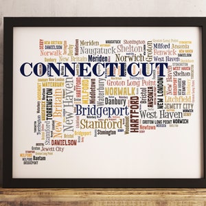 Connecticut State Map Print FRAMED, Connecticut Map Art, Connecticut word cloud art, available in several colors and sizes