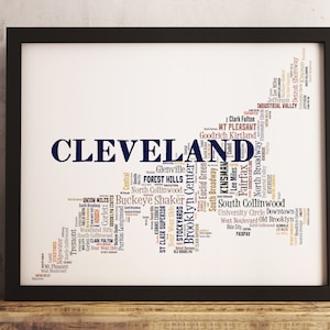 Cleveland neighborhood art print FRAMED, Cleveland map art, Cleveland art print, Cleveland word cloud, available in several colors and sizes