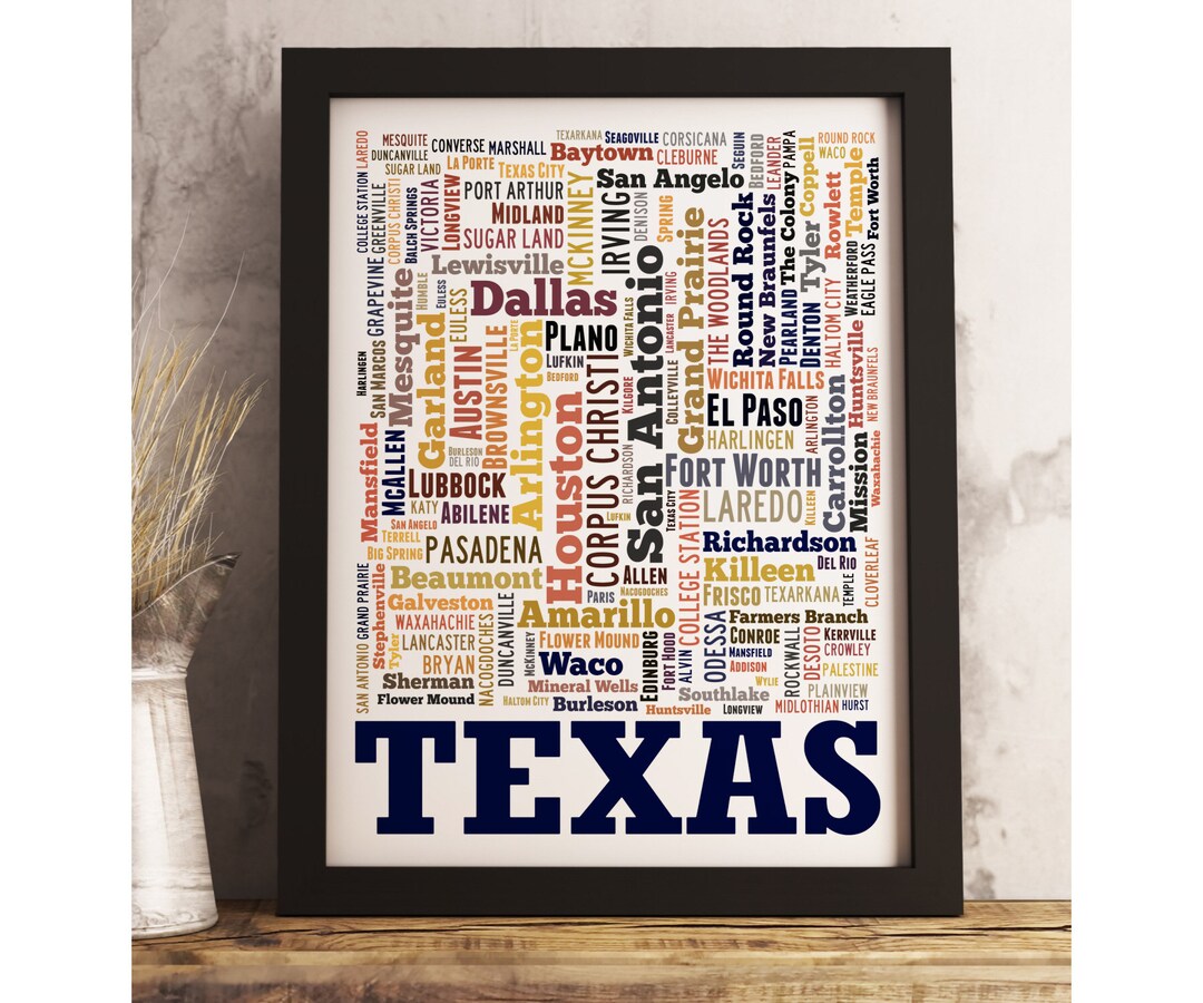Texas Art Print FRAMED Texas Word Cloud Art Texas Map pic