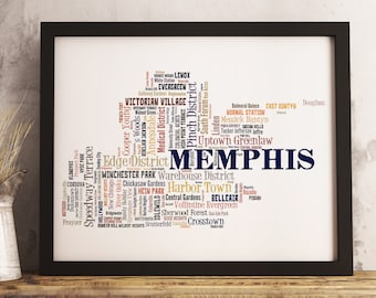 Memphis neighborhood art print FRAMED, Memphis map art, Memphis art print, Memphis word cloud art, available in several colors and sizes