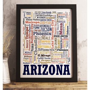 Arizona art print FRAMED, Arizona word cloud art, Arizona map art, Arizona wall art, Arizona decor, available in several colors and sizes