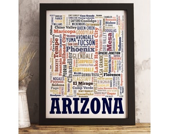 Arizona art print FRAMED, Arizona word cloud art, Arizona map art, Arizona wall art, Arizona decor, available in several colors and sizes