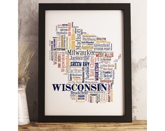 Wisconsin State Map Print FRAMED, Wisconsin Map Art, Wisconsin Art Print, Wisconsin word cloud art, available in several colors and sizes
