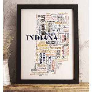 Indiana State Map Print FRAMED, Indiana Map Art, Indiana Art Print, Indiana word cloud art, available in several colors and sizes