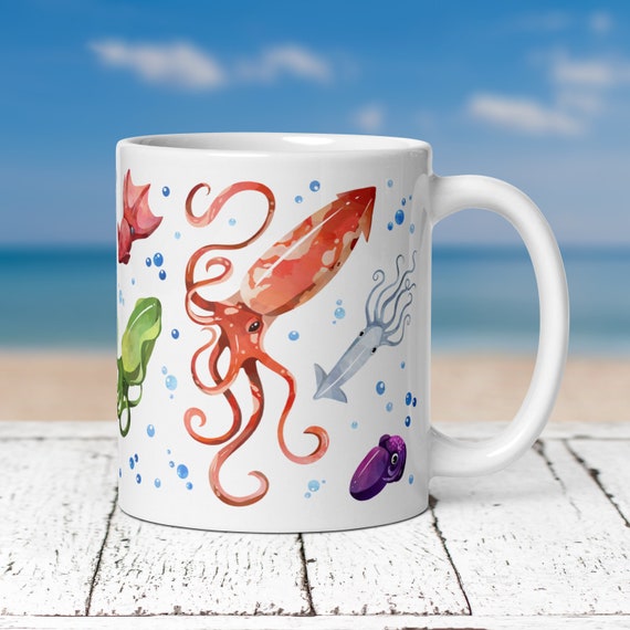 Squid Mug: Marine Life Gift, Watercolour Ocean Coffee Cup