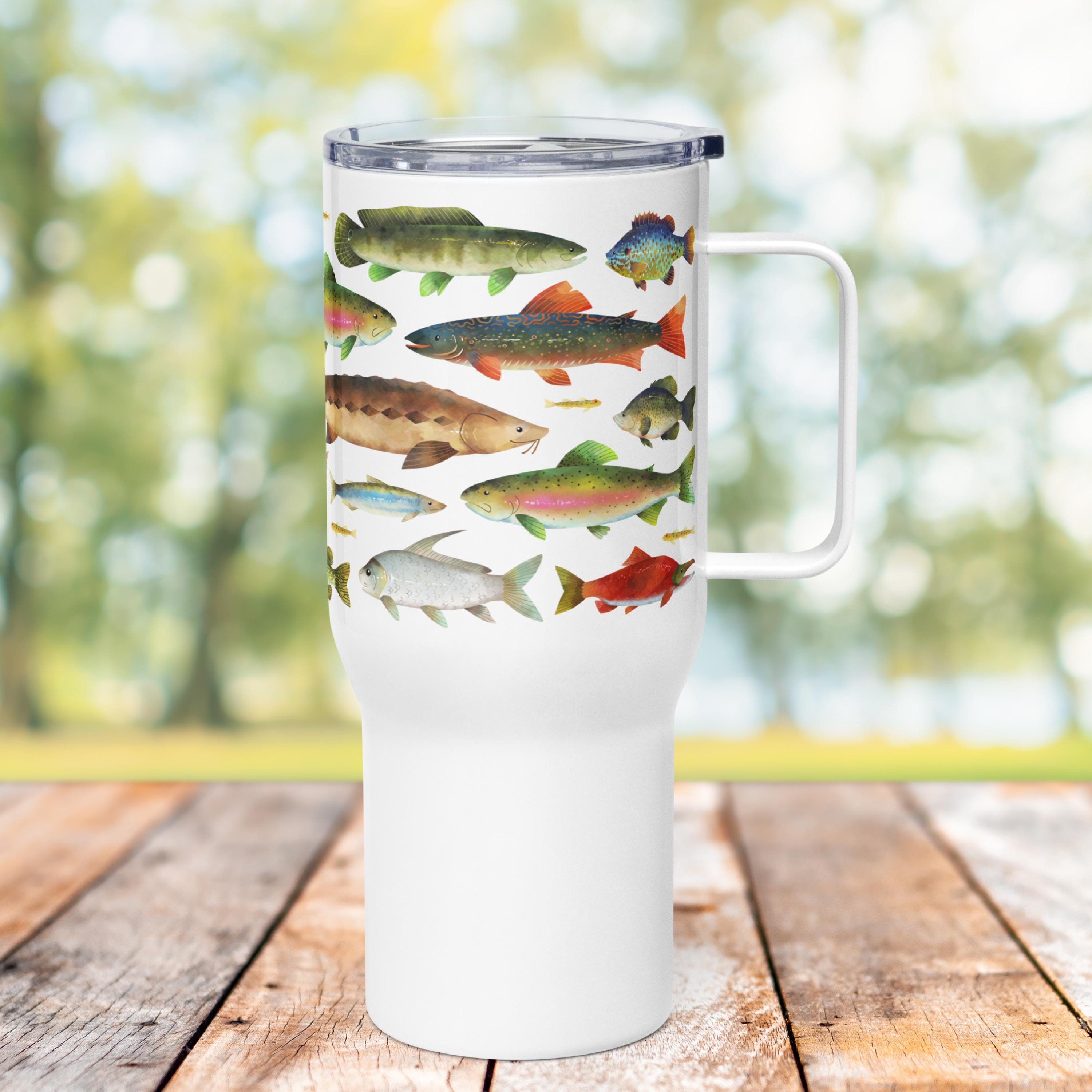 Fish Travel Mug: 25 Oz Insulated Tumbler With Handle, Gift for