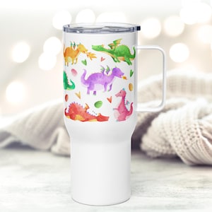 Colorful Dragon Travel Mug, Fantasy Coffee Tumbler with Handle, Cute Dragon Gift, Insulated Cup for Dragon Lovers