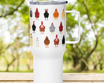 Taza de viaje con diseño de razas de pollos: taza térmica de acero inoxidable de 25 oz con temática de granja