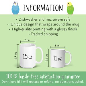 May include: Two white ceramic mugs with black text. The larger mug is 15 oz and the smaller mug is 11 oz. Both mugs are 8 cm wide. The larger mug is 11.8 cm tall and the smaller mug is 9.5 cm tall. The text "100% hassle-free satisfaction guarantee" is at the bottom of the image. The text "Don't love it? I will replace or refund, no questions asked." is below the guarantee text.