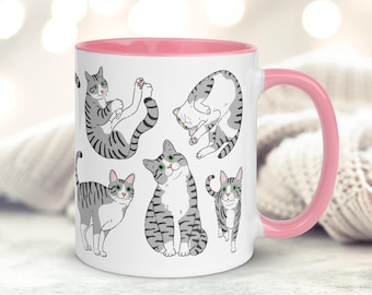 Taza de cerámica con diseño de gato atigrado gris, regalo para amantes de los gatos