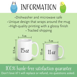May include: Two white ceramic mugs with black text. The larger mug is 15 oz and the smaller mug is 11 oz. Both mugs have a handle on the right side. The mugs are on a green background with the text "INFORMATION" at the top and "100% hassle-free satisfaction guarantee" at the bottom.