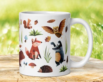 Taza con animales del bosque: Regalo de fauna británica, taza de café con criaturas del bosque