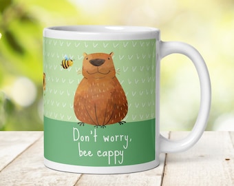 Capybara Mug, Bee Happy, Funny Mug, Work Gift, Positivity Gift, Bee Mug, Motivational Gift, Green Mug, Blue Mug, Novelty Mug, Cute Gift