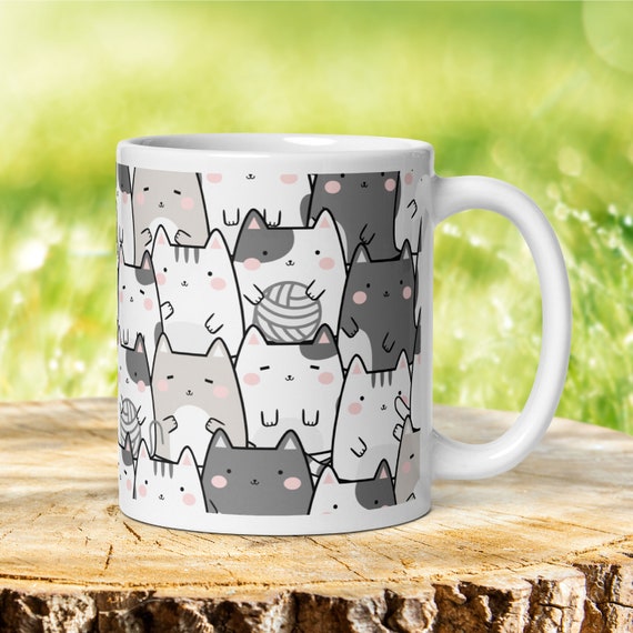 Kawaii Cat Mug: Cheerful Cats Coffee Cup, Cat Lover Gift