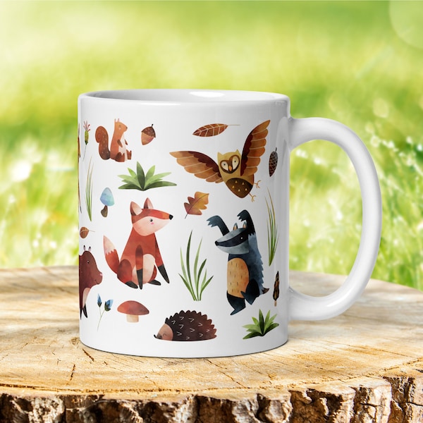 Woodland Animals Mug, Coffee Mug with Woodland Creatures, Forest Animals Cup, Woodland Mug, Badger Mug, Fox Mug, Raccoon Mug, Cute Mug