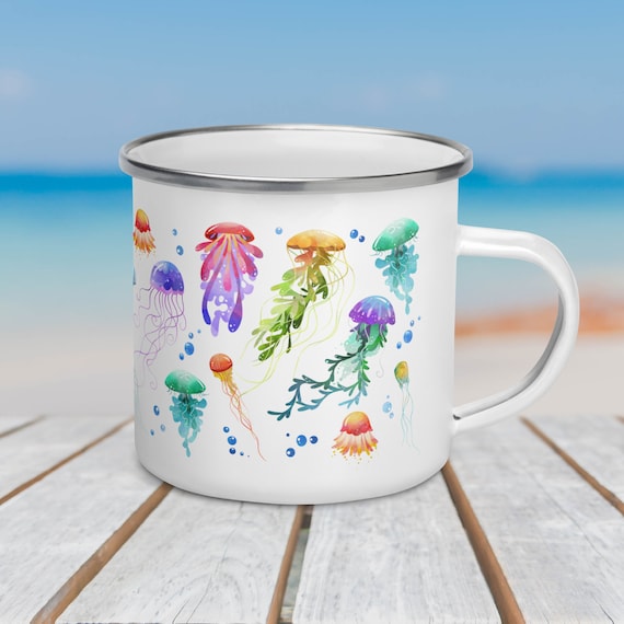 Jellyfish Enamel Mug: Marine Life Gift, Ocean Camping Cup