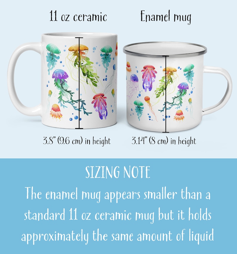Pu&ograve; includere: Due tazze con un design ad acquerello di meduse e alghe. La tazza a sinistra &egrave; una tazza in ceramica bianca con un'altezza di 9,6 cm. La tazza a destra &egrave; una tazza smaltata con un'altezza di 8 cm. Il testo "SIZING NOTE" &egrave; sotto le tazze. Il testo "La tazza smaltata sembra pi&ugrave; piccola di una tazza in ceramica standard da 11 once, ma contiene circa la stessa quantit&agrave; di liquido" &egrave; sotto la nota di dimensionamento.