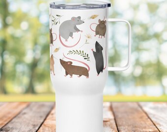 Bonita taza de viaje con forma de rata y asa, regalo para amantes de las ratas, bonita taza de viaje, taza de viaje aislada de 25 oz con ratas, taza para coche, regalo de rata, taza de rata