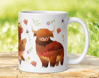 Caneca Vaca das Terras Altas: Presente Escocês Floral, Xícara de Café Vaca das Terras Altas