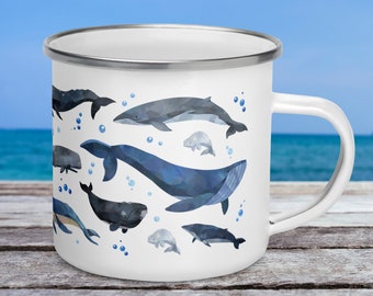 Mug baleine : cadeau biologie marine, tasse à café en émail animal océanique