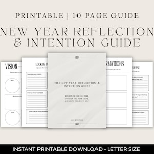 Puede incluir: Una guía imprimible de 10 páginas para la reflexión e intención de Año Nuevo. La portada presenta el título en una elegante fuente serif. Las páginas interiores incluyen indicaciones para la visión, la retrospectiva, las afirmaciones y la liberación. Tamaño carta.