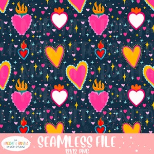 Puede incluir: Archivo sin costuras con un patrón repetitivo de corazones coloridos en rosa, amarillo y rojo sobre un fondo azul oscuro. El diseño incluye estrellas y pequeños corazones. El texto "SEAMLESS FILE" está en la parte inferior.