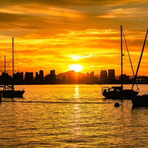 Sunrise San Diego sailboats, horizontal, pretty wall decor, digital art