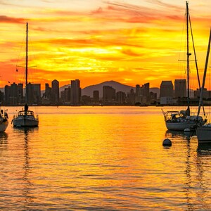Sunrise San Diego sailboats, horizontal, pretty wall decor, digital art