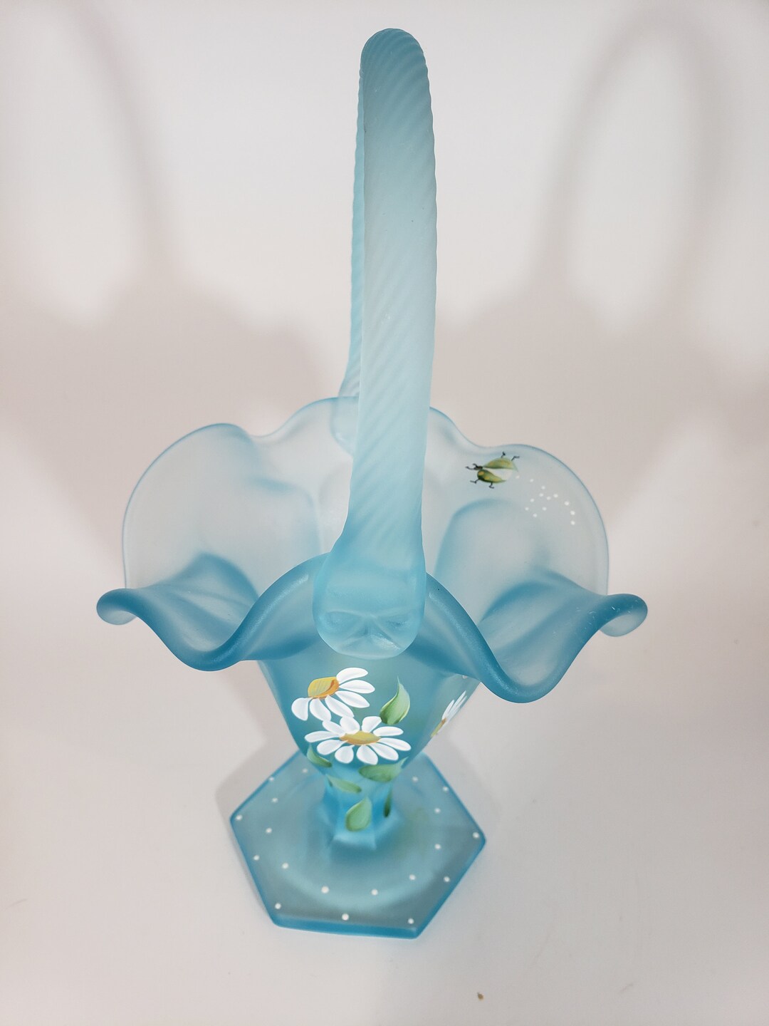 FENTON GLASS BASKET Vintage Hand Painted Blue Satin Glass Etsy