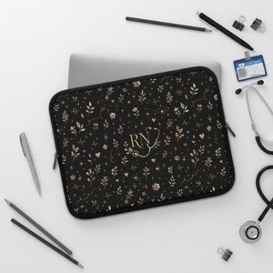 Nurse Laptop Case, Black Floral Sleeve with Gold RN Monogram