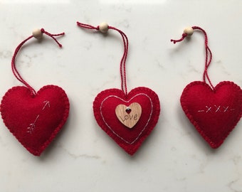 Handstitched Wool Felt Hanging Heart. Valentine - Anniversary -Lovers Gift