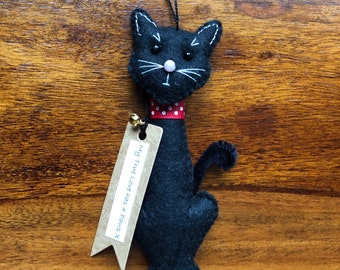 Handstitched Wool Felt Lucky Black cat. Cat Lover, Gift, Keepsake.