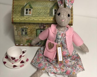 Liberty Handmade Felt Luna – Molly Brett style Bunny Rabbit Doll Heirloom Gift for Girl Birthday, Christening Baby Shower, Easter, Keepsake.
