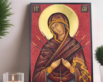 Hand-Painted Mother of God Icon, "Seven Arrows" (9x12")