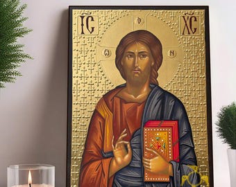 Hand-Painted Jesus Christ Icon | Gold Leaf Religious Art (9x12 in)