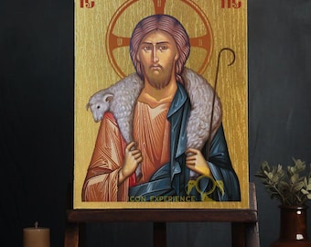 Jesus Christ the Good Shepherd, Premium Icon On Wood  Natural UV pigments Wooden Icon  Sacral Art Religious Gift Reproduced Icons