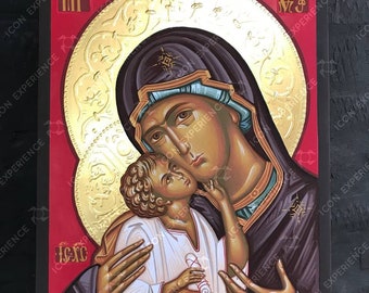 Hand painted icon of Theotokos Sweet Kissing / 23 carat gold / gesso / egg tempera / christian painting / sacred art / Our Lady / Eleusa