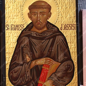 Handmade Saint Francis of Assisi Icon: 23.75k Gold Byzantine Art