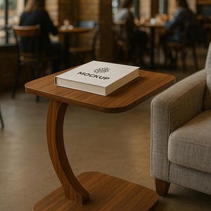 Puede incluir: Una mesa auxiliar de madera marrón con una parte superior y una base cuadradas, conectadas por una pata curva. Un libro con la palabra "MOCKUP" está sobre la mesa. La mesa está en un café.