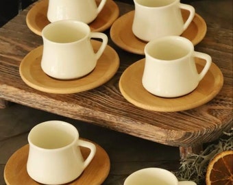 Porcelain Espresso Cup Set: Boho Coffee Cups with Bamboo Saucers