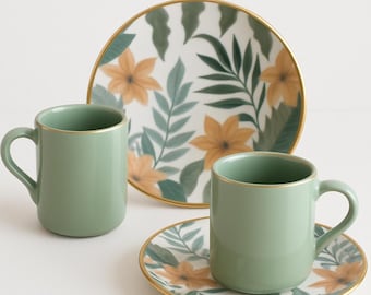Porcelain Espresso Cup Set: Boho Floral Design, 2.8 Oz